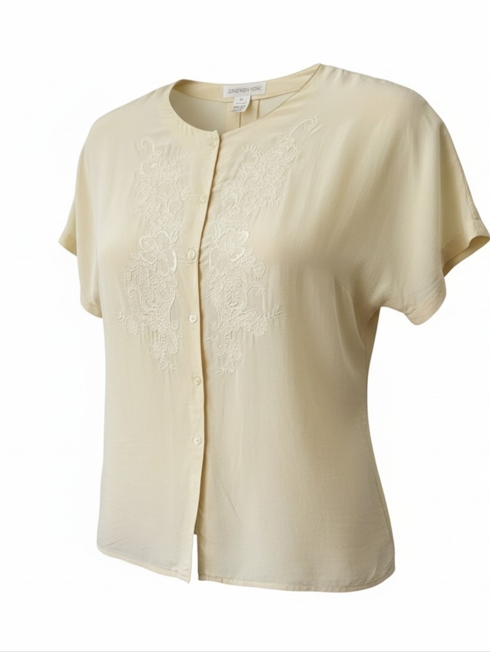Vintage Jones New York Blouse Sz 14 Cream 100% Silk Embroidered Button Front Y2K